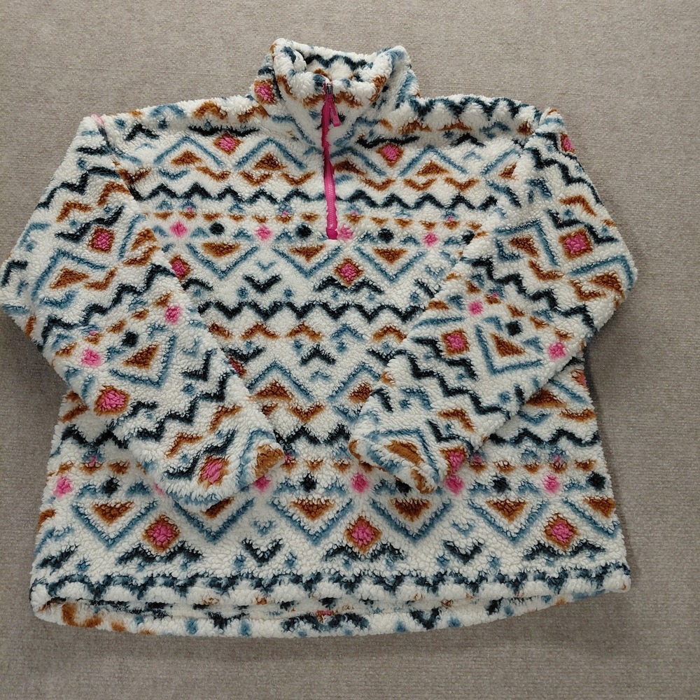 Eddie Bauer Womens Plush Fleece 1/4 Zip Pullover Jacket LARGE Cream Aztec Sherpa
